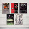 A set of four album cover art prints featuring dark and vibrant graphics on white backgrounds.