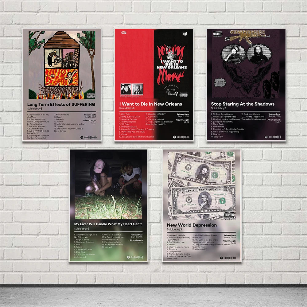 A set of four album cover art prints featuring dark and vibrant graphics on white backgrounds.