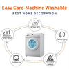 A white washing machine is shown with surrounding icons detailing its features like temperature settings, cycle options, and 