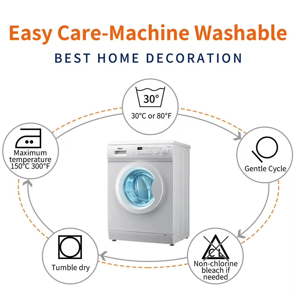 A white washing machine is shown with surrounding icons detailing its features like temperature settings, cycle options, and 