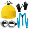 A set of a yellow Halloween costume hat, black gloves, and blue glasses strap.