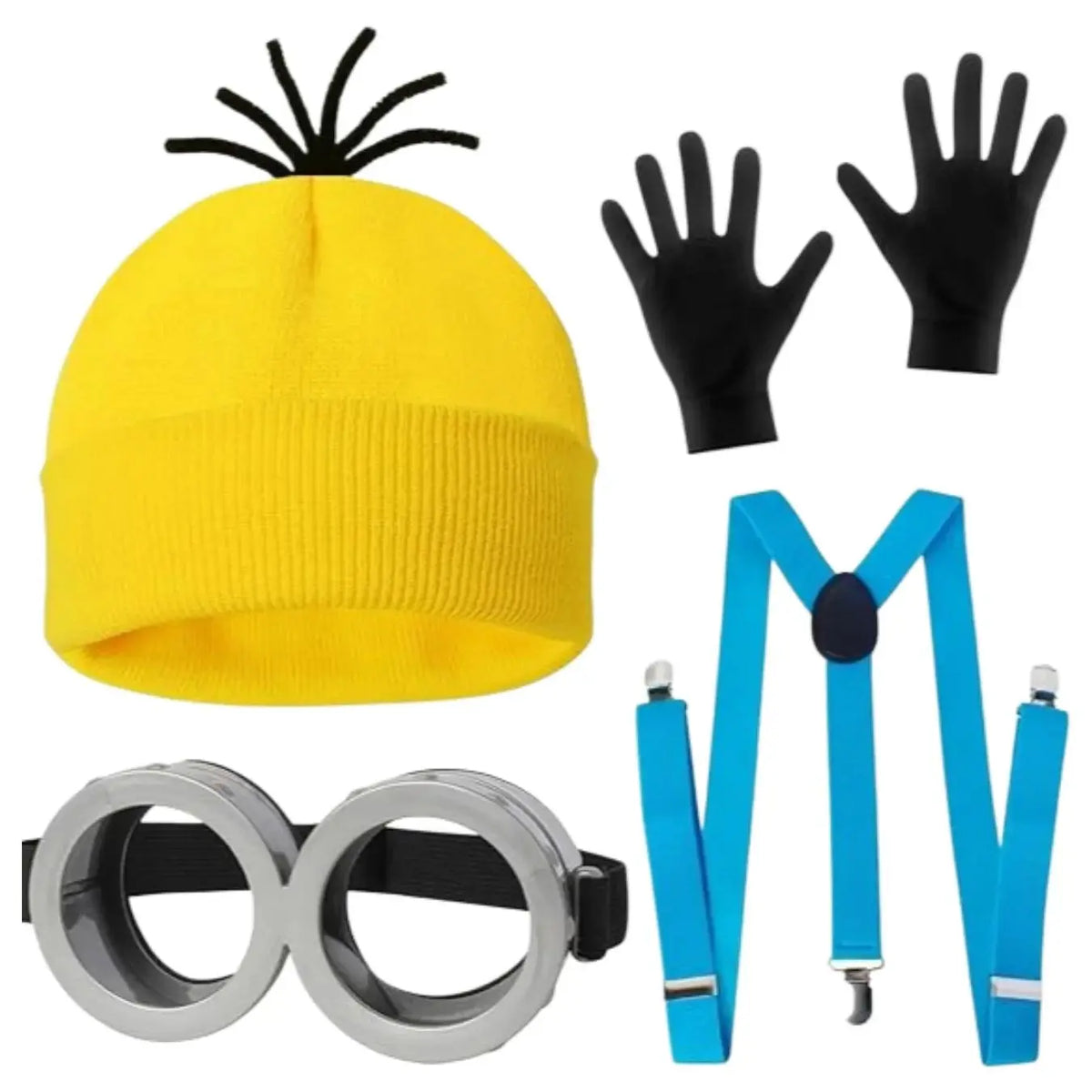 A set of a yellow Halloween costume hat, black gloves, and blue glasses strap.
