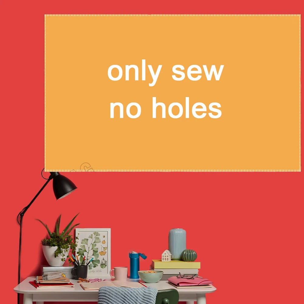 A bright orange square background with white text that reads only sew no holes