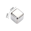 A square stainless steel ice cube with dimensions of 27mm on each side.