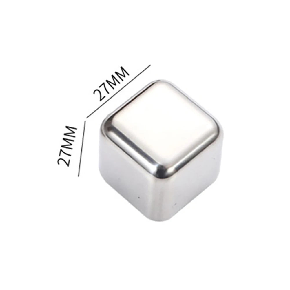 A square stainless steel ice cube with dimensions of 27mm on each side.