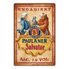 Vintage metal sign featuring two men in robes and a title for Paulaner Salvador beer
