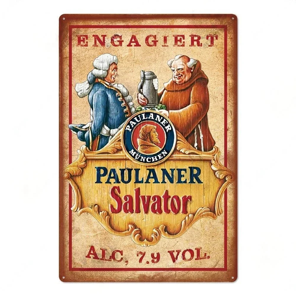 Vintage metal sign featuring two men in robes and a title for Paulaner Salvador beer