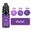 A bottle of violet liquid pigment with dropper tips showing 1, 5, and 10 drops of purple colorant for candle wax.