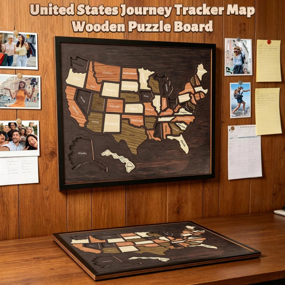 A framed wooden puzzle board showing a map of the United States for a journey tracker.