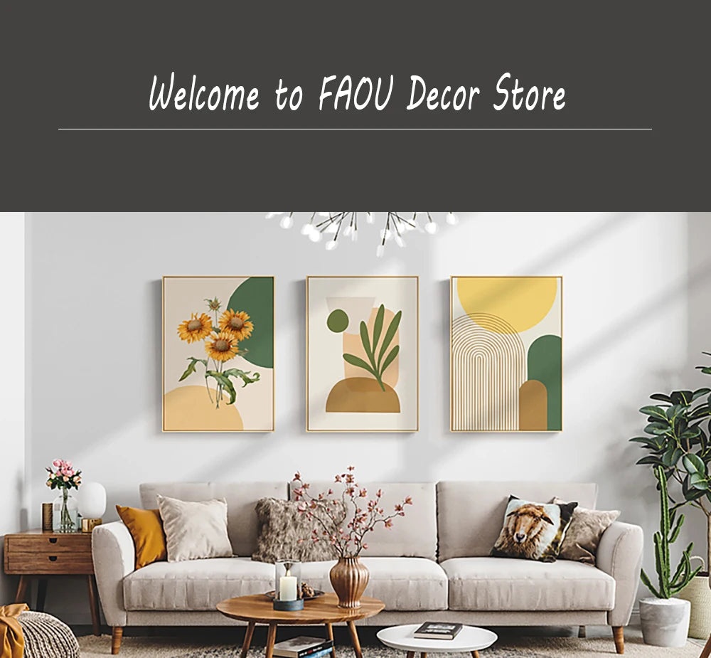 A gallery wall featuring three abstract botanical canvas prints in muted greens, yellows, and beige tones.