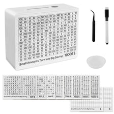 A white acrylic piggy bank showing various amounts of money marked on the top surface.