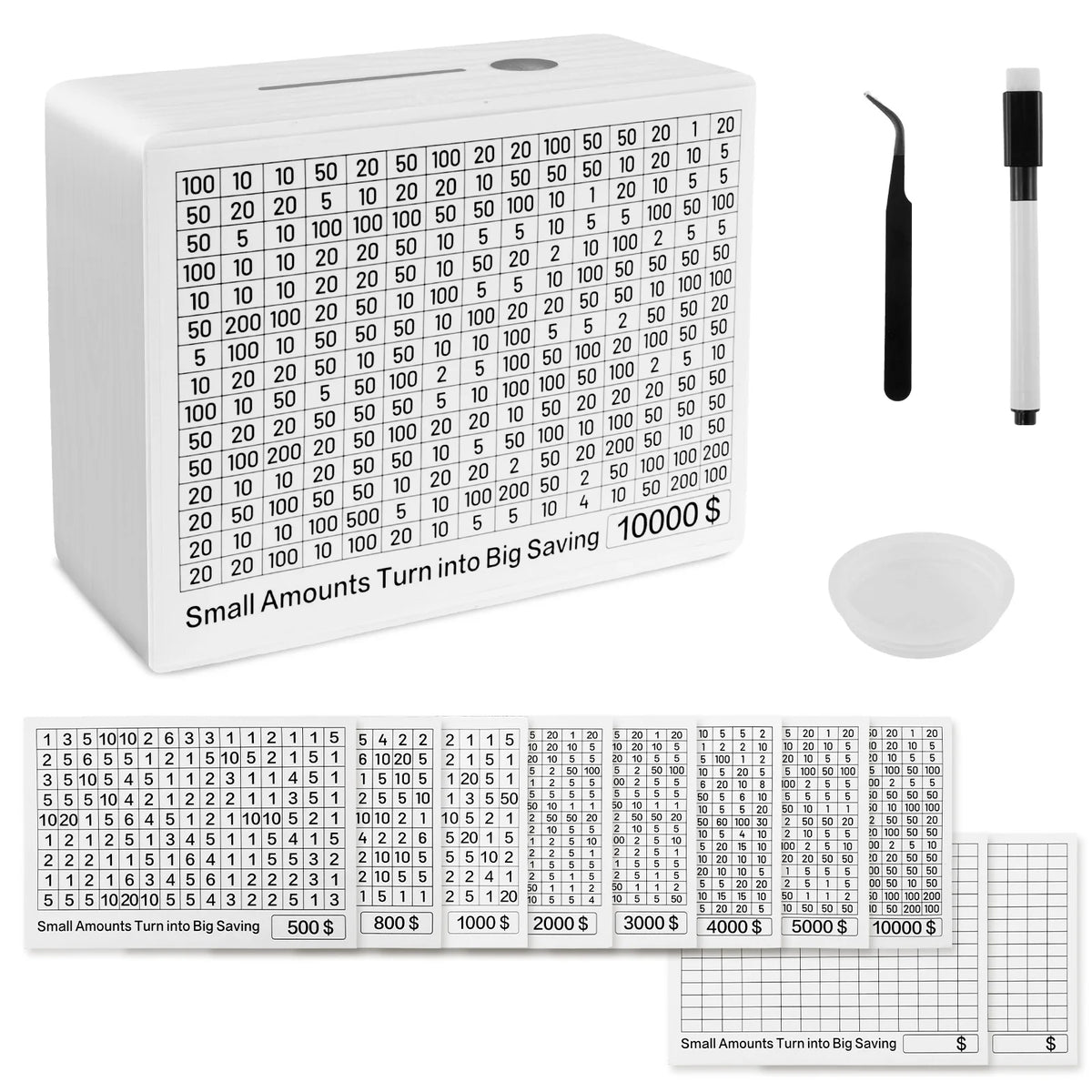 A white acrylic piggy bank showing various amounts of money marked on the top surface.