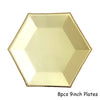 Eight gold disposable plates, 9 inches in diameter, arranged in a hexagonal pattern.