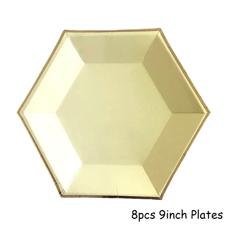 Eight gold disposable plates, 9 inches in diameter, arranged in a hexagonal pattern.