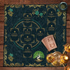 A dark green altar cloth featuring a Celtic cross design with numbered sections for tarot and divination readings.