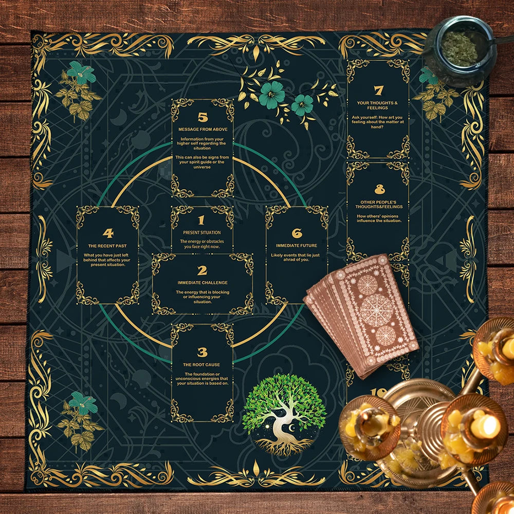 A dark green altar cloth featuring a Celtic cross design with numbered sections for tarot and divination readings.