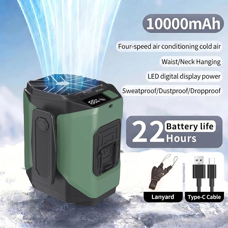 A portable air conditioning fan in a green and black casing is shown with features like 10000mAh battery life and LED display