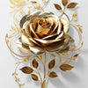 Arte floral de hoja de oro en la pared, con una detallada flor de rosa y hojas alrededor sobre un fondo gris claro.