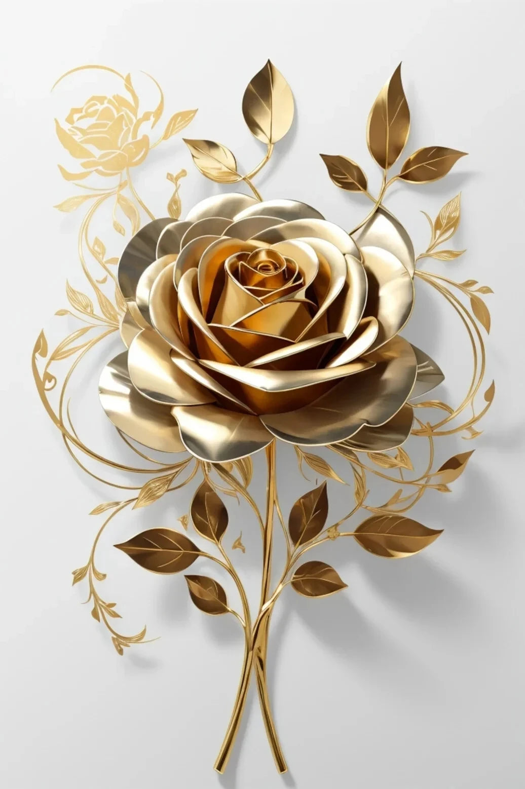 Arte floral de hoja de oro en la pared, con una detallada flor de rosa y hojas alrededor sobre un fondo gris claro.