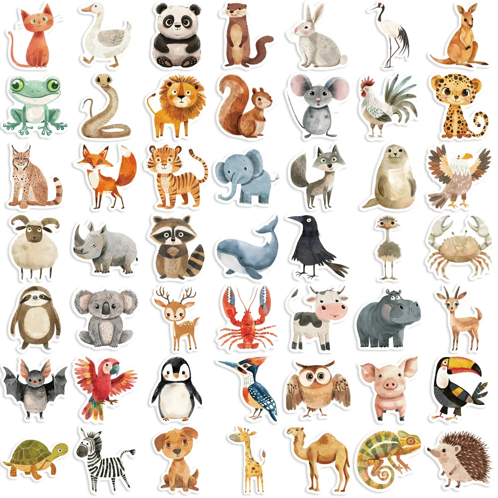 A collection of 50 assorted animal designs including cats, bears, lions, birds, and mammals for stickers.