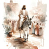 Watercolor painting of Jesus as a shepherd with a staff, standing in a landscape.