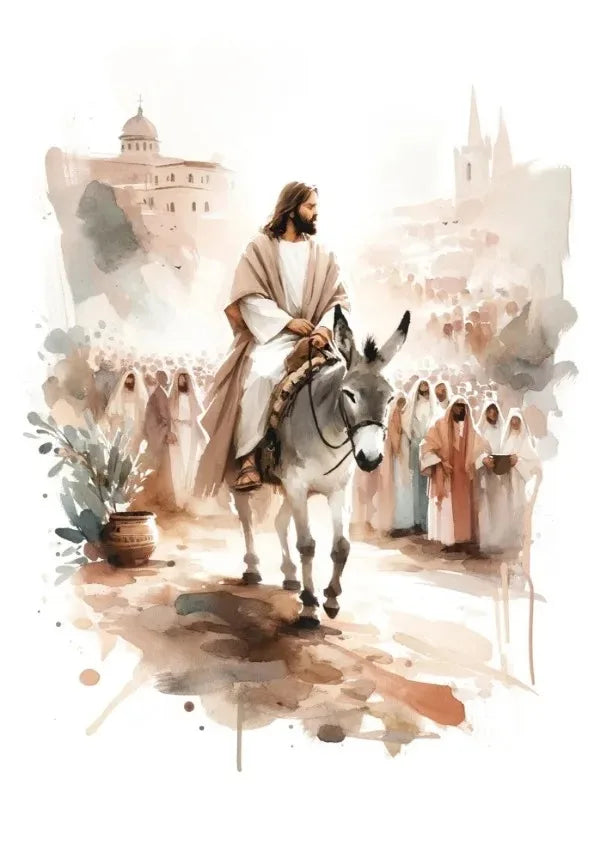 Watercolor painting of Jesus as a shepherd with a staff, standing in a landscape.
