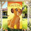 A vibrant poster of Simba from The Lion King featured on a door cover backdrop for kids parties.