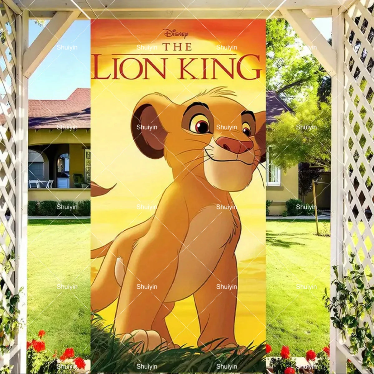 A vibrant poster of Simba from The Lion King featured on a door cover backdrop for kids parties.