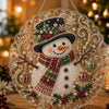 A round Christmas ornament crafted from pearl and diamond painting techniques depicting a smiling snowman.