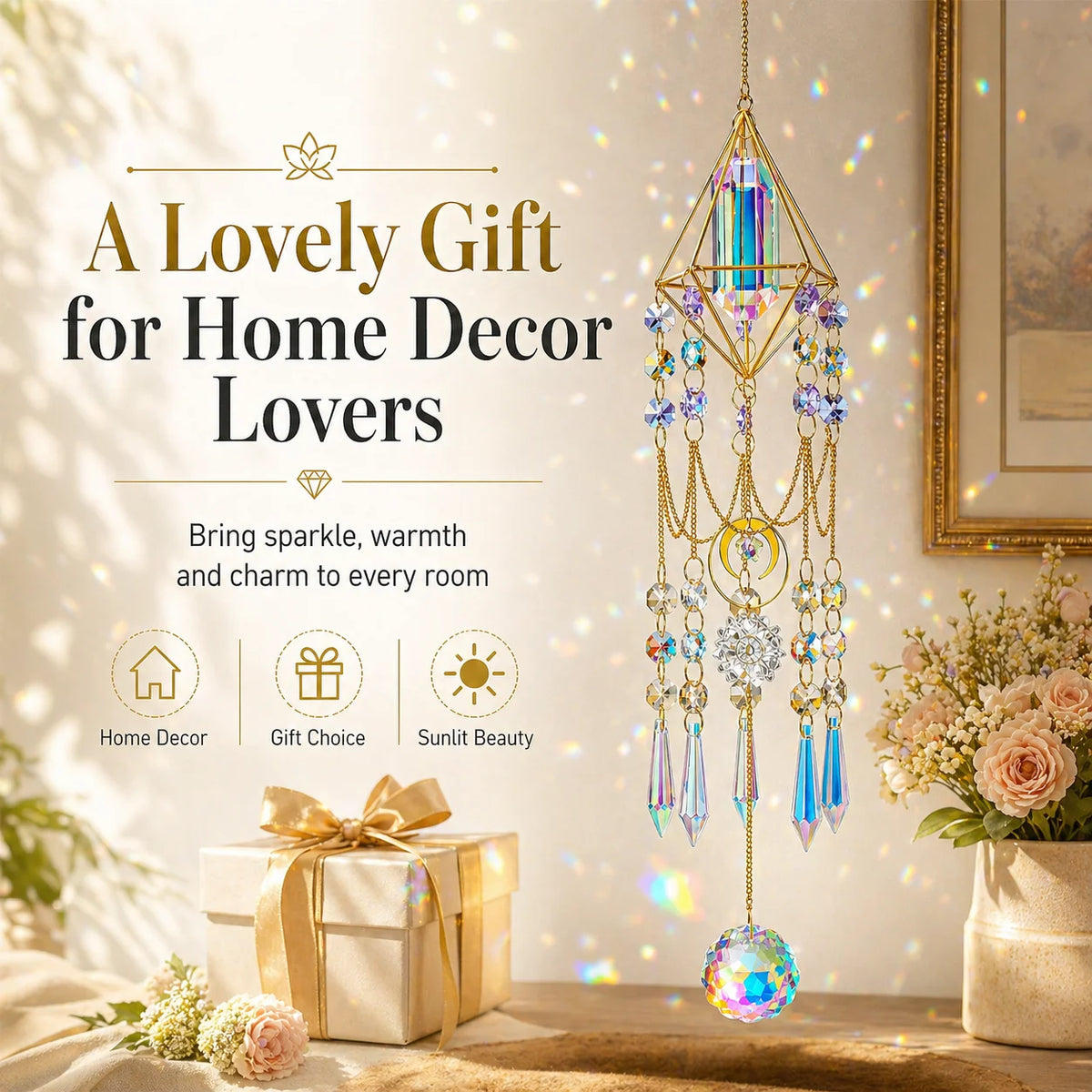 A crystal prism suncatcher with a gold geometric frame hanging in a light-filled room.