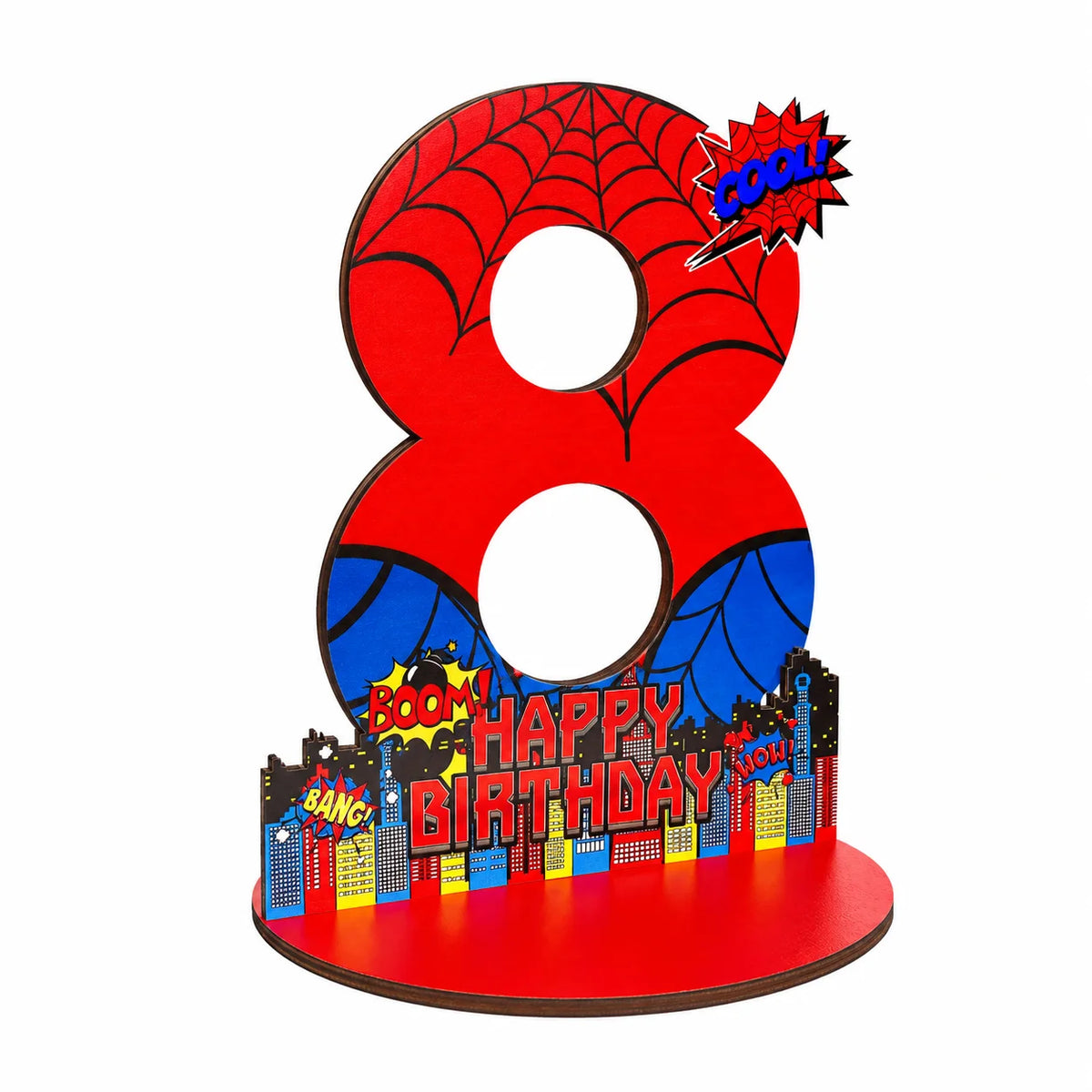 A large red wooden number eight with a spider design and birthday text on the base.