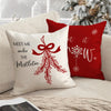Red Christmas cushion covers featuring a white bow and wreath design on a festive background