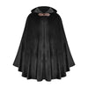 A black velvet hooded cloak with a satin collar and a matching fabric draped over a mannequin.