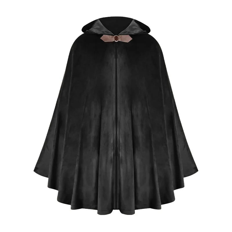 A black velvet hooded cloak with a satin collar and a matching fabric draped over a mannequin.