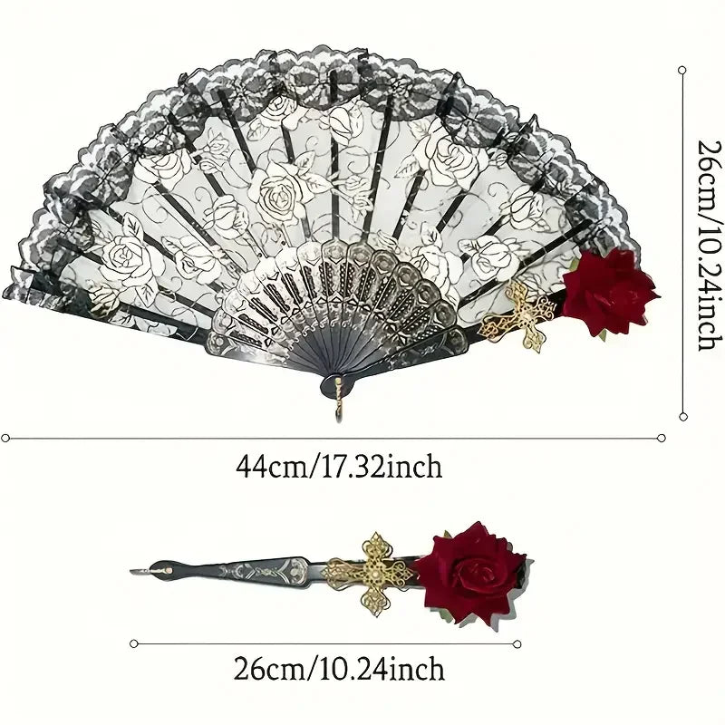 Vintage flamenco rose handheld folding fan with black and white floral patterns and gold accents