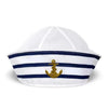 White captain's hat with navy blue stripes and a gold anchor emblem