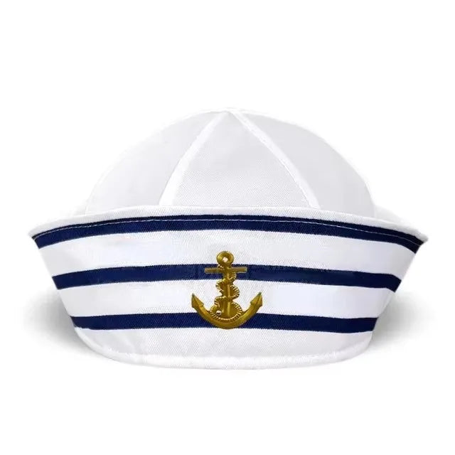 White captain's hat with navy blue stripes and a gold anchor emblem