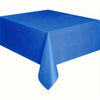 A bright blue disposable solid color tablecloth draped over a table.