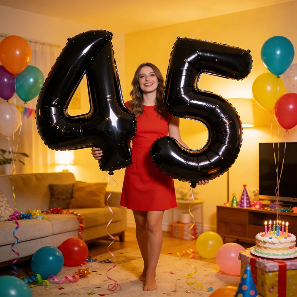 A woman holds a giant black foil balloon shaped like the number 45 in a brightly lit room decorated for a celebration.