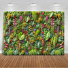 A vibrant, dense tropical palm leaf backdrop featuring lush green foliage and colorful flowers for party decor.