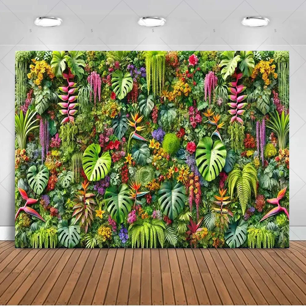 A vibrant, dense tropical palm leaf backdrop featuring lush green foliage and colorful flowers for party decor.