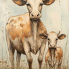 A watercolor painting of a large white and brown Highland cow standing in a grassy field.