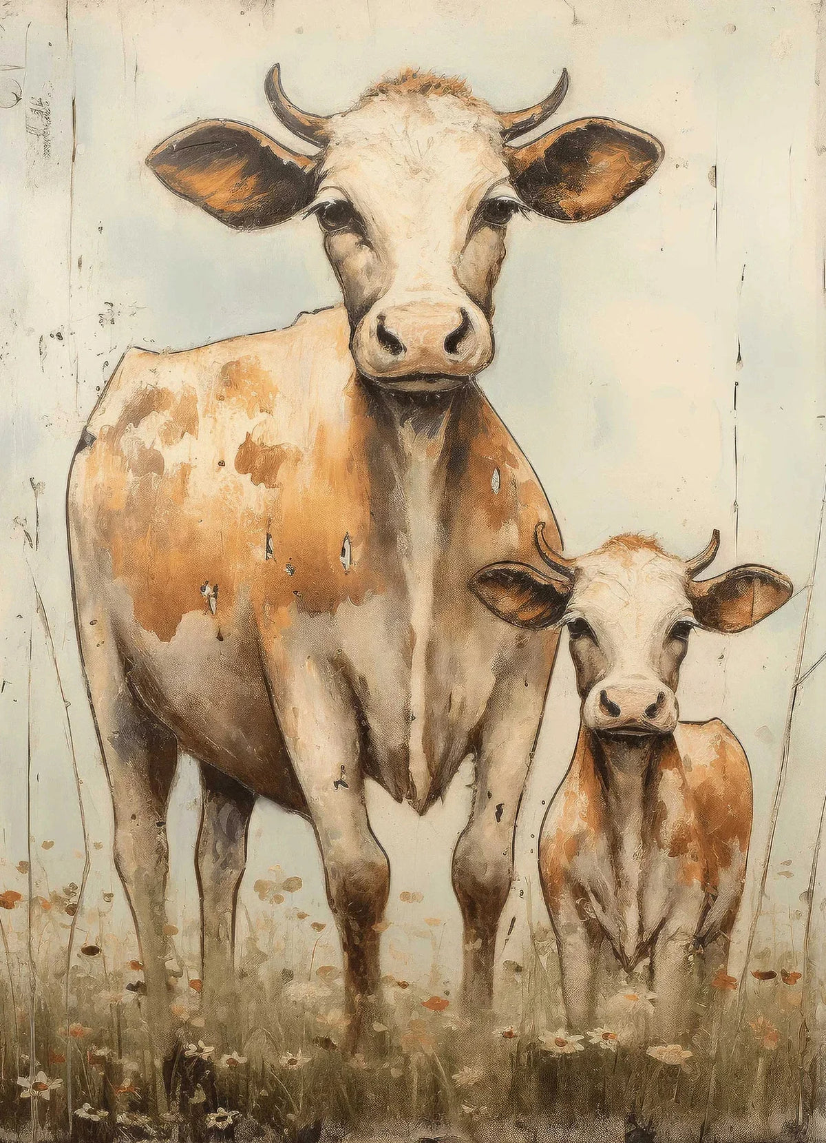 A watercolor painting of a large white and brown Highland cow standing in a grassy field.
