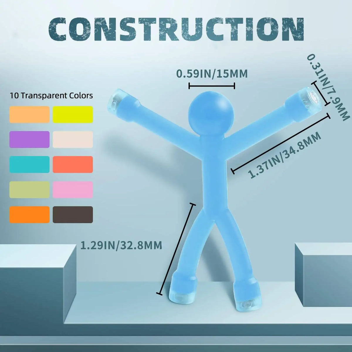 A translucent silicone humanoid figure with arms outstretched, showing various color options and dimensions for office decor.