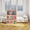 A vertical print featuring a colorful arrangement of vintage wine bottles displayed in a grid format.