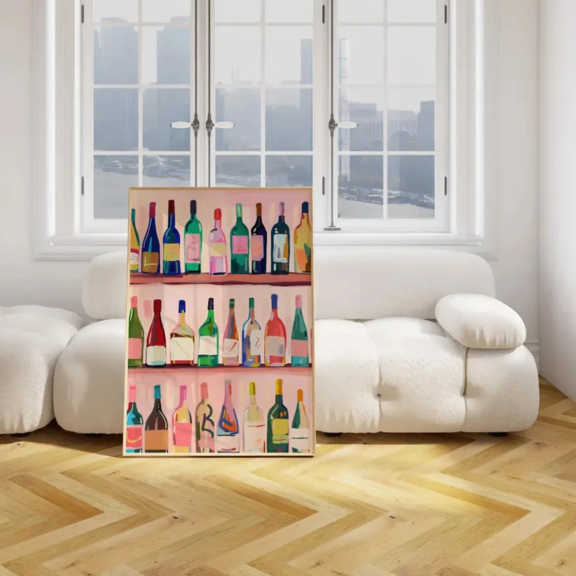 A vertical print featuring a colorful arrangement of vintage wine bottles displayed in a grid format.