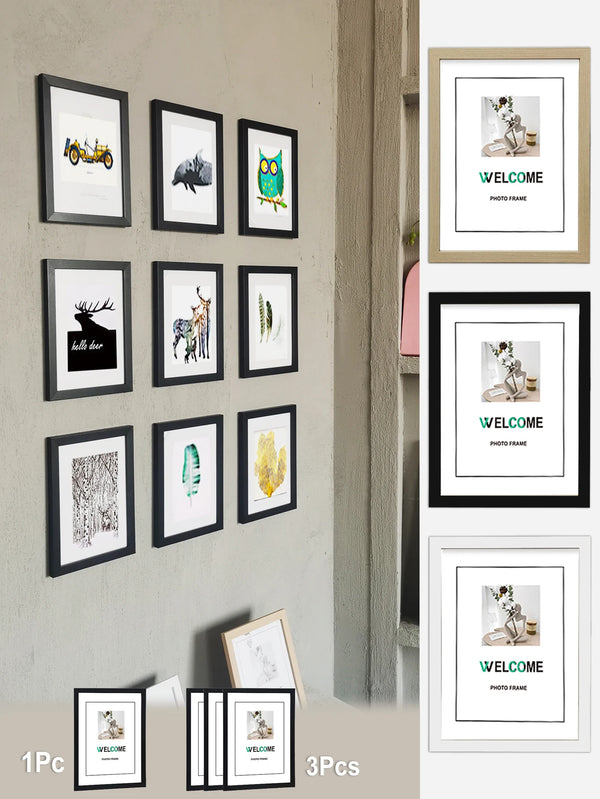 A collection of rustic wooden photo frames in black and white displaying various images, including a welcome sign.
