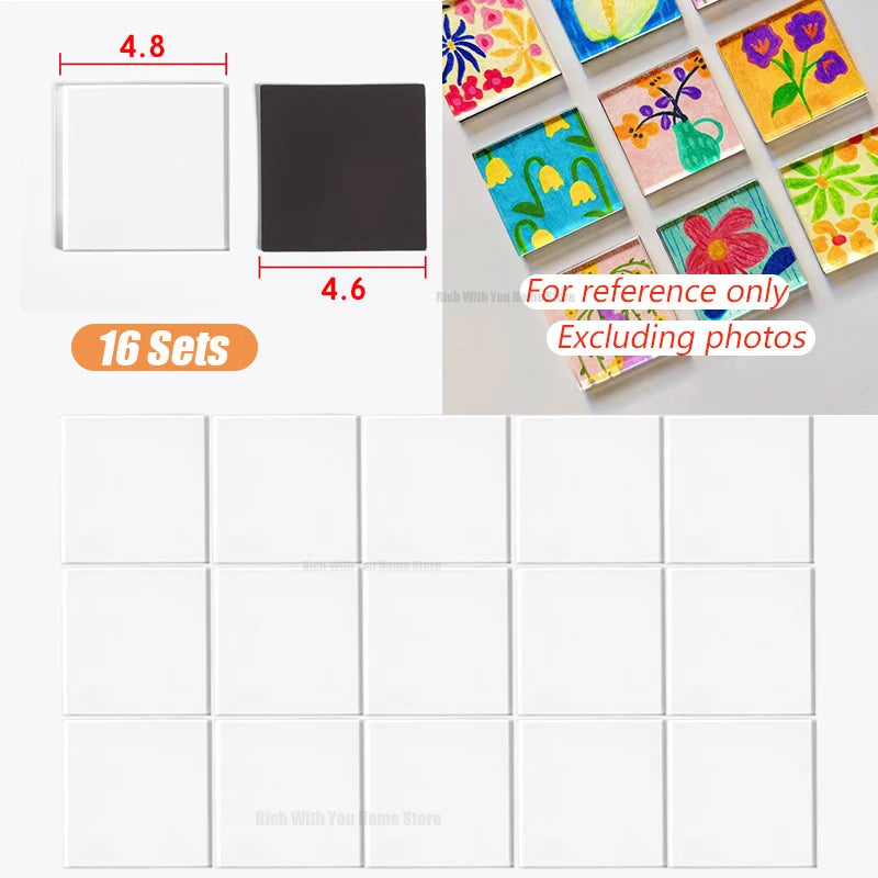 A set of 16 square white fridge magnets and various colorful decorative magnets for DIY customization