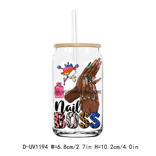 A clear tumbler with a wooden lid featuring a hand painted with colorful nail art and the text Nail Boss