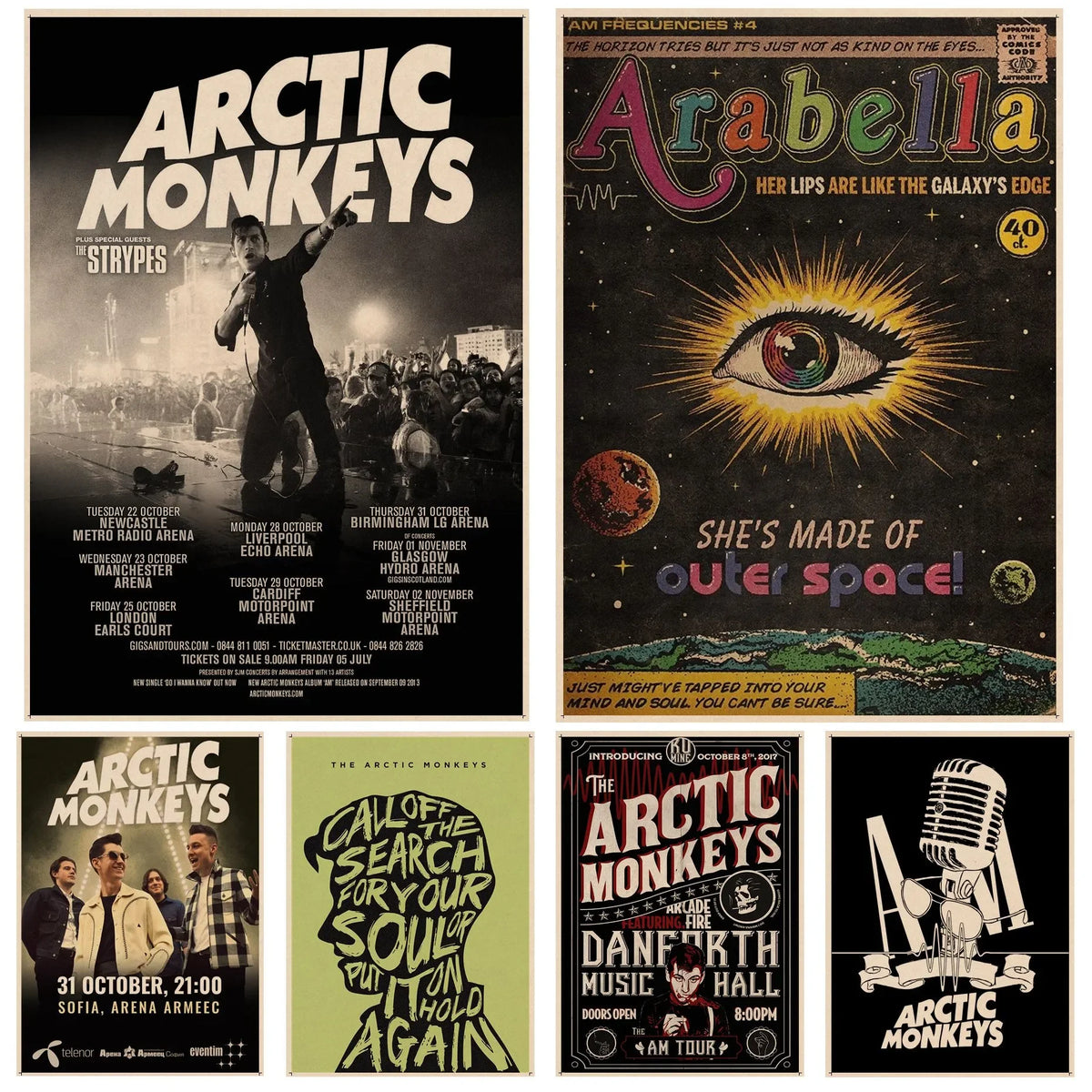 A collage of Arctic Monkeys concert posters and band artwork featuring various album covers and tour dates.